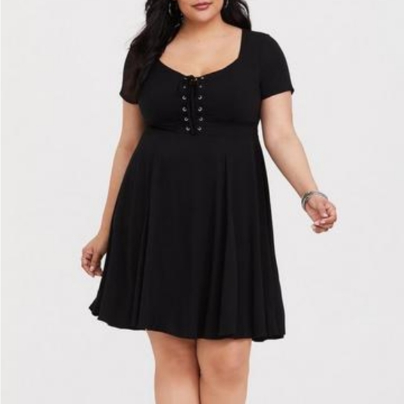 Torrid Black Challis Lace-Up Skater Dress - Picture 2 of 5